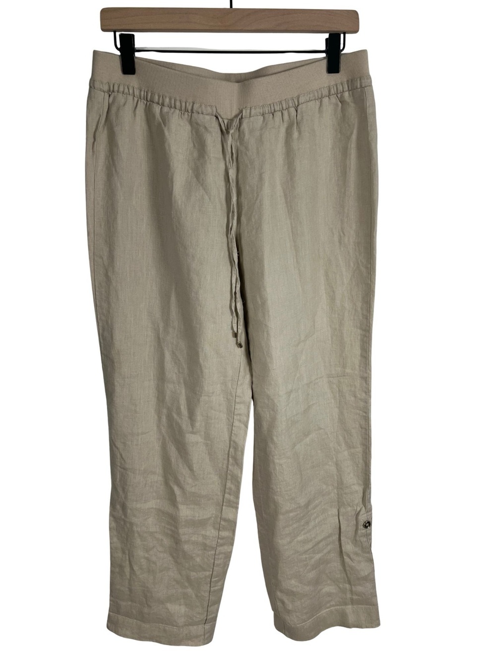 100% Linen Pull On Pants Womens Small Roll Tab Tan